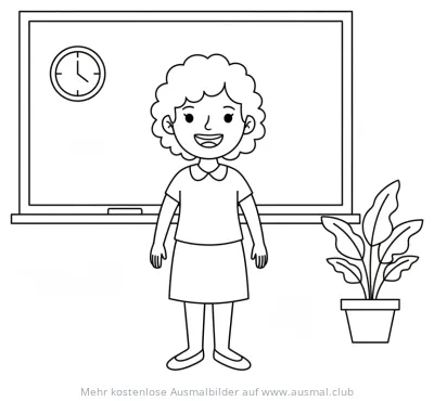 Lehrerin vor Tafel mit Uhr und Zimmerpflanze Ausmalbild