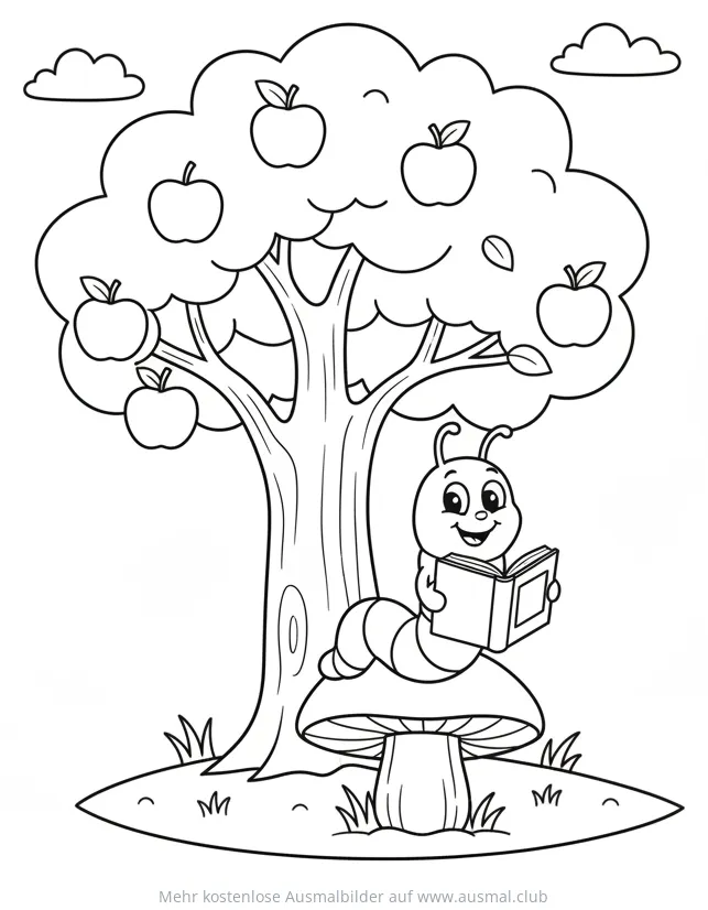 Lesewurm liest Buch unter Apfelbaum Ausmalbild