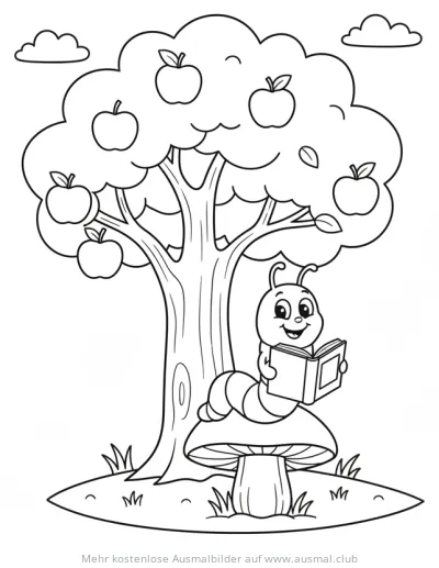 Lesewurm liest Buch unter Apfelbaum Ausmalbild