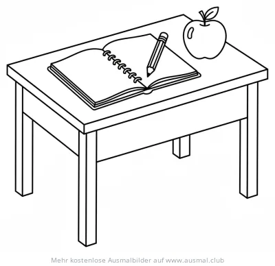 Schreibtisch mit Notizbuch, Bleistift und Apfel Ausmalbild