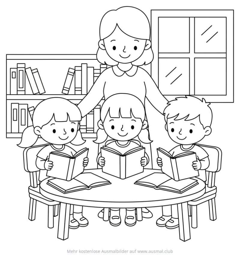 Lehrerin mit lesenden Kindern am Tisch Ausmalbild