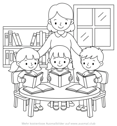 Lehrerin mit lesenden Kindern am Tisch Ausmalbild