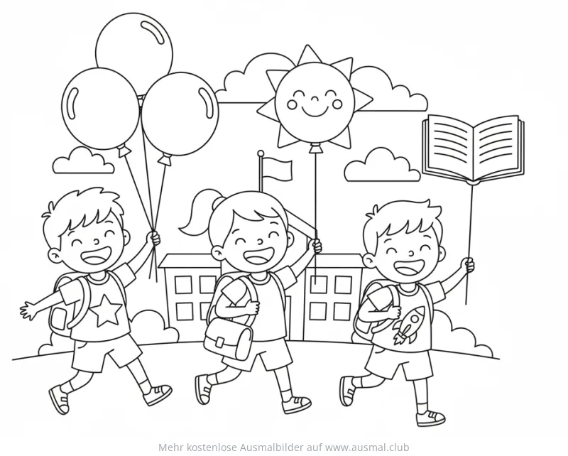 Fröhliche Kinder mit Ballons und Buch auf dem Weg zur Einschulungsparty Ausmalbild