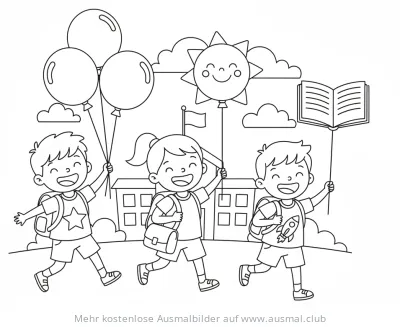 Fröhliche Kinder mit Ballons und Buch auf dem Weg zur Einschulungsparty Ausmalbild