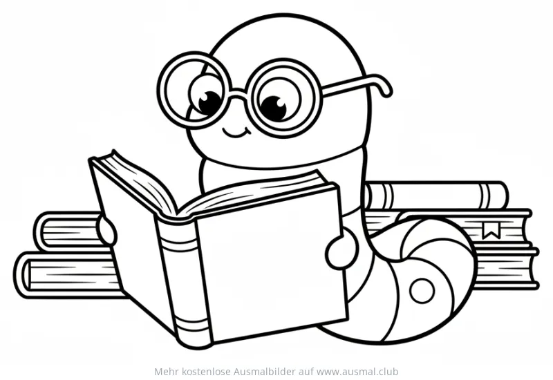 Buchwurm mit Brille liest Buch Ausmalbild