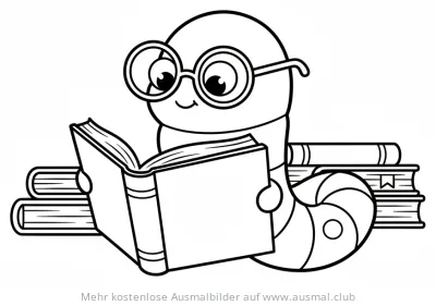 Buchwurm mit Brille liest Buch Ausmalbild