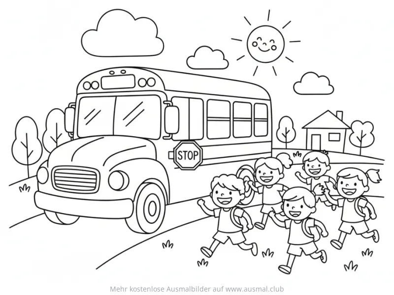 Schulbushalt mit Kindern Ausmalbild