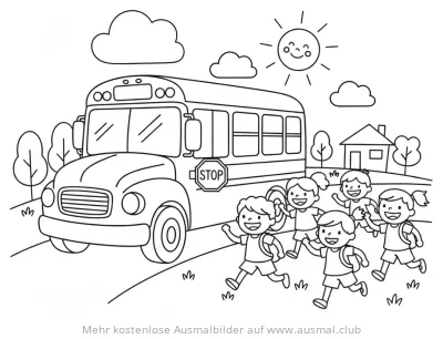 Schulbushalt mit Kindern Ausmalbild