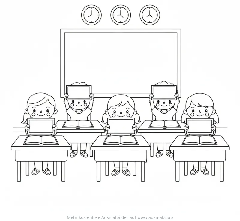 Schulklasse mit Kindern und Tafel Ausmalbild