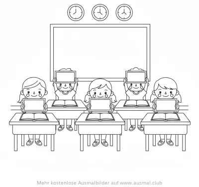 Schulklasse mit Kindern und Tafel Ausmalbild