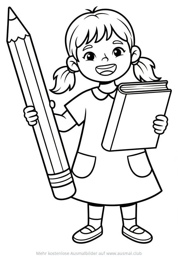 Mädchen mit Stift und Buch Ausmalbild Einschulung