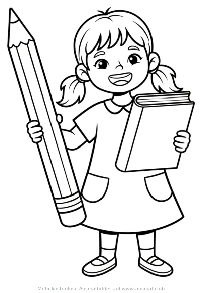 Mädchen mit Stift und Buch Ausmalbild Einschulung