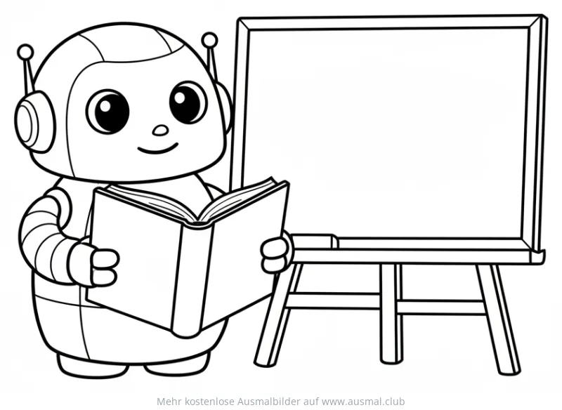 Roboter liest Buch vor einer Tafel Ausmalbild