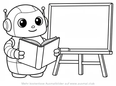 Roboter liest Buch vor einer Tafel Ausmalbild
