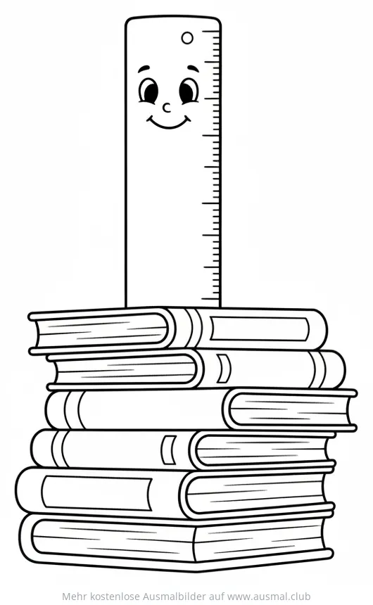 Freundliches Lineal auf Bücherstapel Ausmalbild