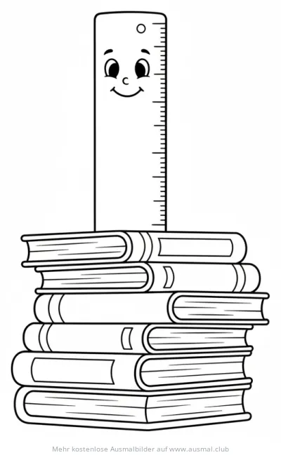 Freundliches Lineal auf Bücherstapel Ausmalbild
