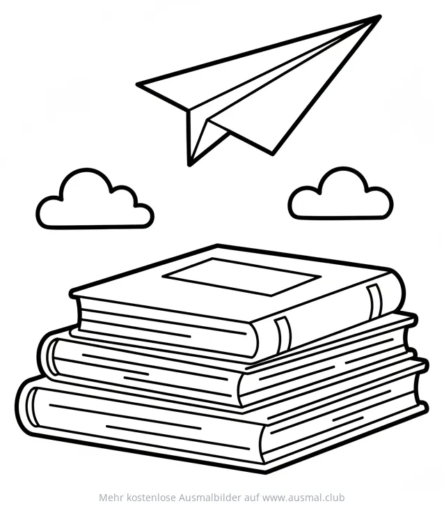 Papierflieger über Bücherstapel Ausmalbild