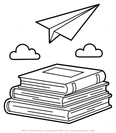 Papierflieger über Bücherstapel Ausmalbild