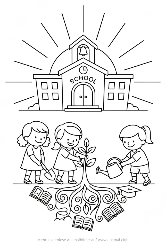 Drei Mädchen pflanzen Baum vor Schule Ausmalbild