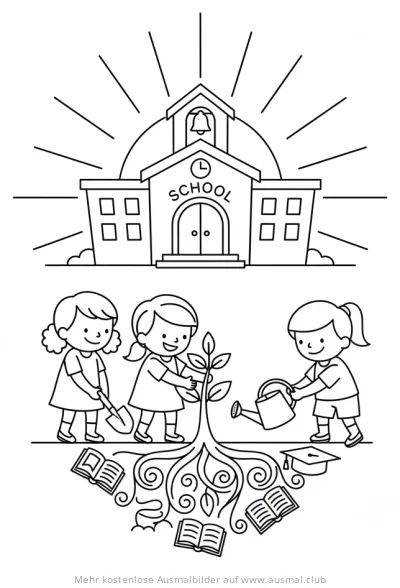 Drei Mädchen pflanzen Baum vor Schule Ausmalbild