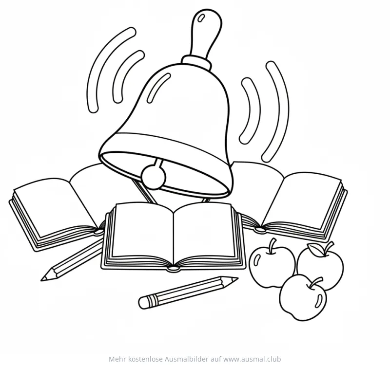 Schulglocke mit Büchern, Äpfeln und Stiften Ausmalbild