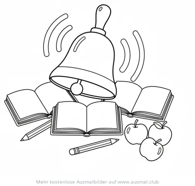 Schulglocke mit Büchern, Äpfeln und Stiften Ausmalbild