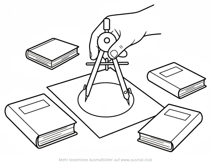 Zirkel zeichnet Kreis, umgeben von Büchern Ausmalbild