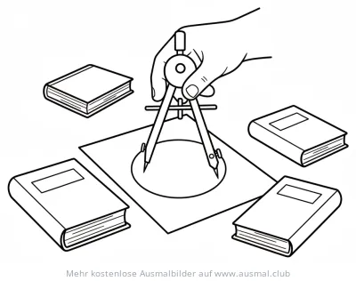 Zirkel zeichnet Kreis, umgeben von Büchern Ausmalbild