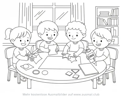 Kinder bei der Gruppenarbeit Ausmalbild