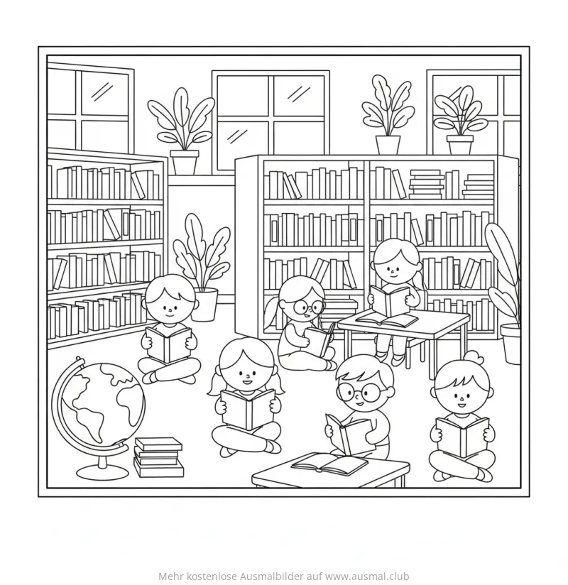 Schüler lesen in einer Bibliothek Ausmalbild
