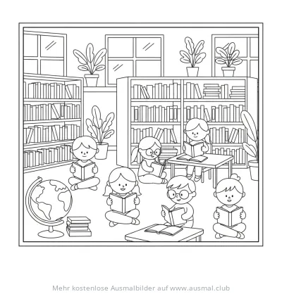Schüler lesen in einer Bibliothek Ausmalbild