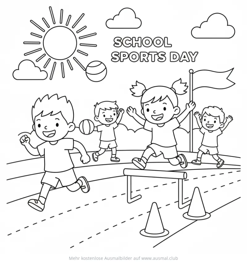 Fröhliche Kinder beim Sporttag Ausmalbild