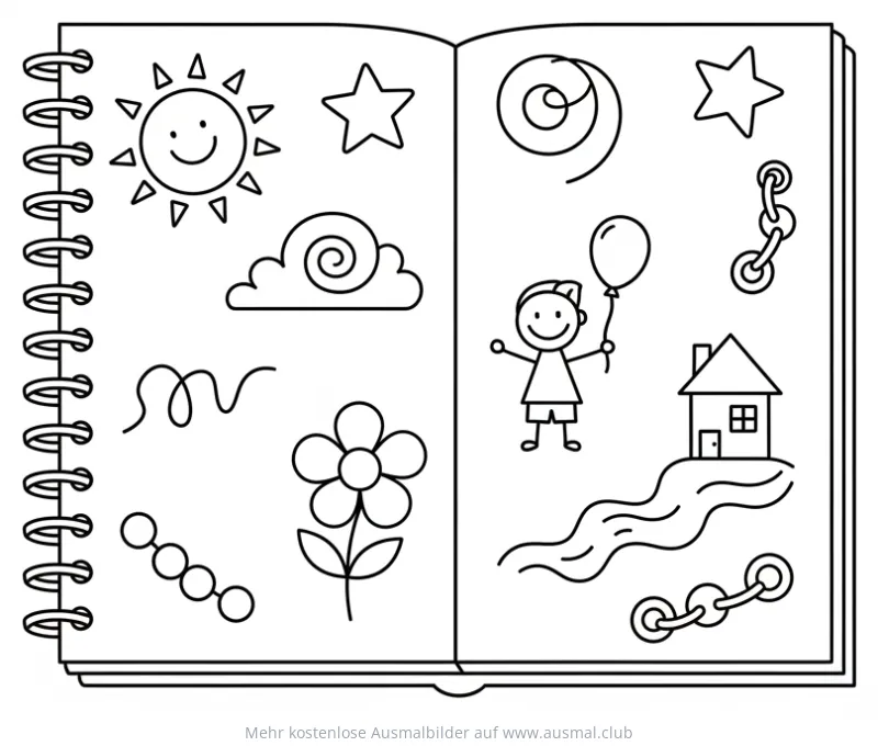 Notizbuch mit kindlichen Zeichnungen Ausmalbild