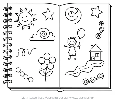 Notizbuch mit kindlichen Zeichnungen Ausmalbild