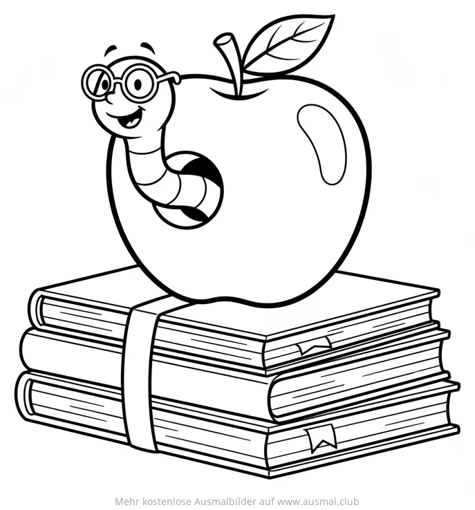 Apfelwurm mit Brille auf Bücherstapel Ausmalbild