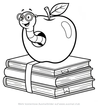 Apfelwurm mit Brille auf Bücherstapel Ausmalbild
