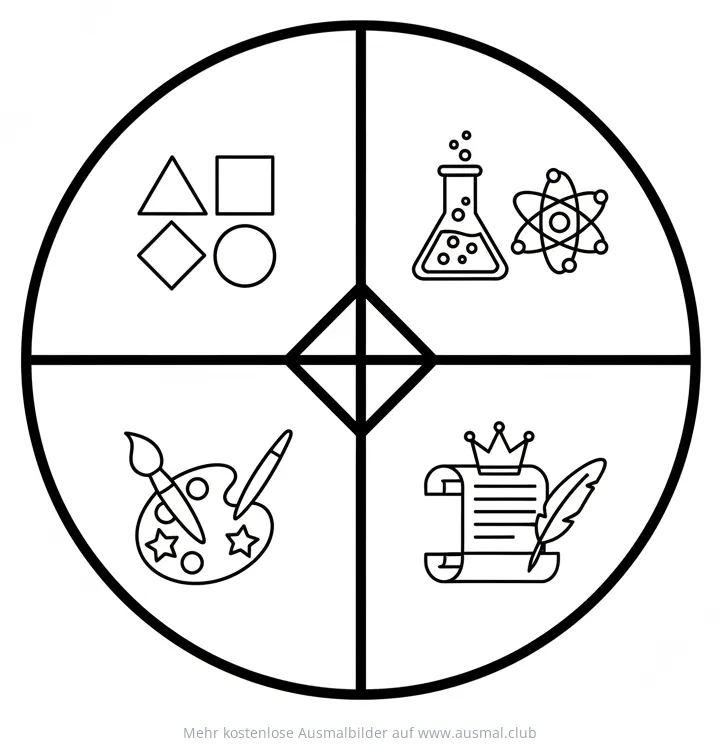 Schulfächer Ausmalbild mit Symbolen für Mathematik, Chemie, Kunst und Deutsch
