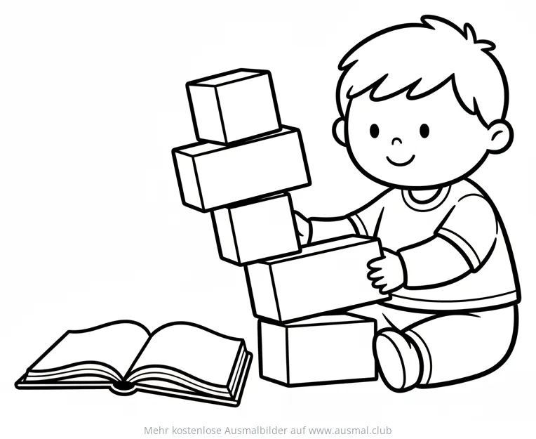 Junge baut Turm aus Bauklötzen, daneben ein Buch, Ausmalbild