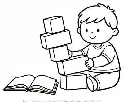 Junge baut Turm aus Bauklötzen, daneben ein Buch, Ausmalbild