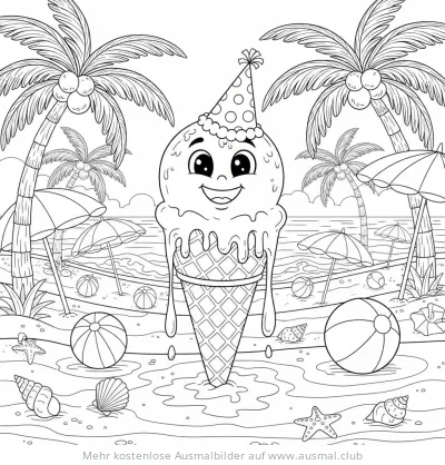 Eiswaffel mit Partyhut am Strand Ausmalbild