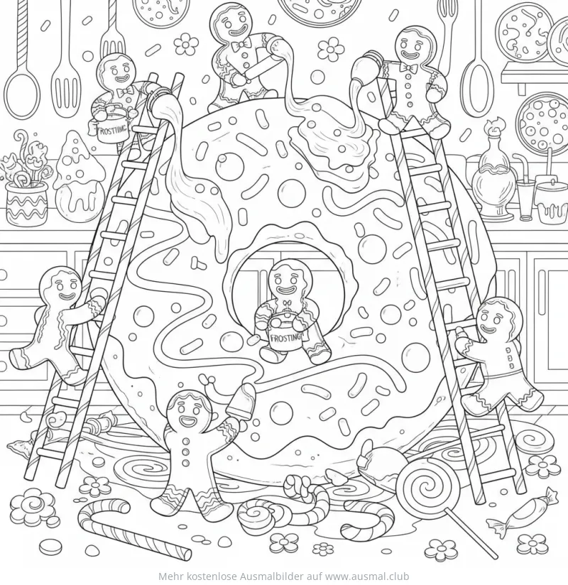 Donut wird von Lebkuchenmännchen verziert Ausmalbild