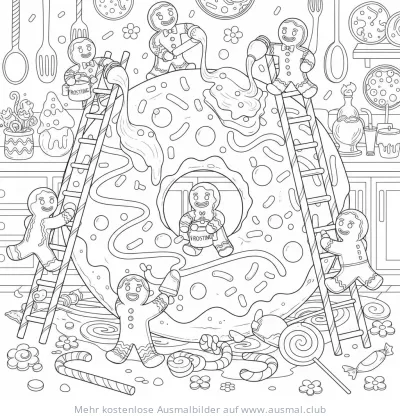 Donut wird von Lebkuchenmännchen verziert Ausmalbild