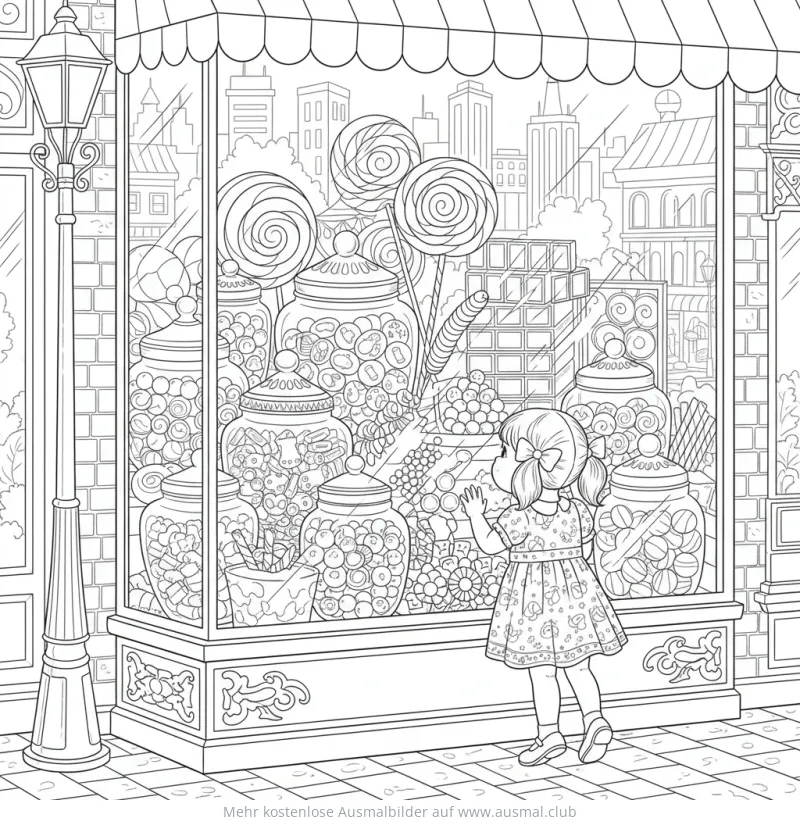 Mädchen vor Süßigkeitenladen Ausmalbild