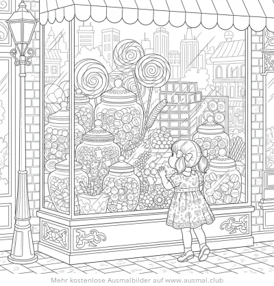 Mädchen vor Süßigkeitenladen Ausmalbild