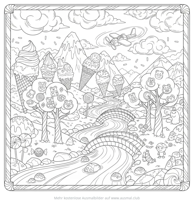 Eis Traumlandschaft mit Bergen, Flugzeug und Süßigkeiten Ausmalbild