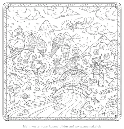 Eis Traumlandschaft mit Bergen, Flugzeug und Süßigkeiten Ausmalbild