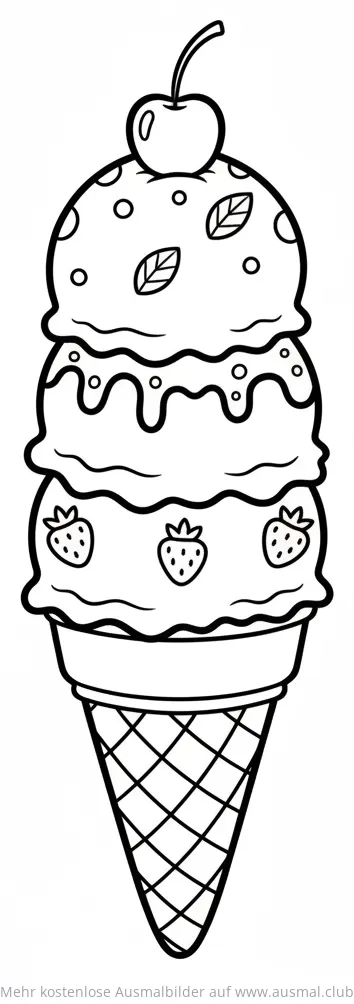 Eistüte mit drei Kugeln und Kirsche Ausmalbild