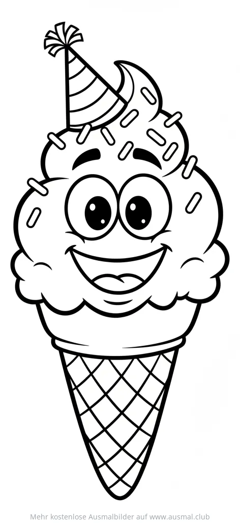 Lachendes Eis mit Partyhut Ausmalbild