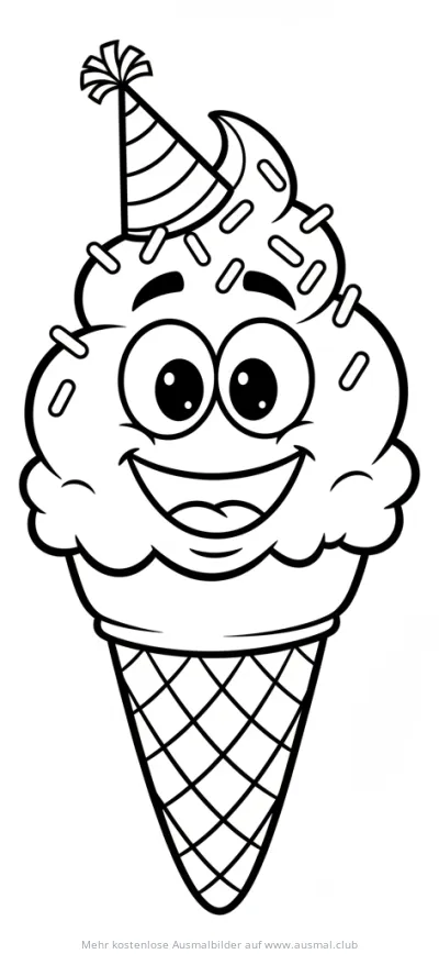 Lachendes Eis mit Partyhut Ausmalbild