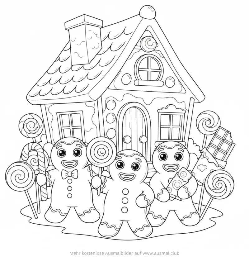 Lebkuchenhaus mit Lebkuchenmännern Ausmalbild